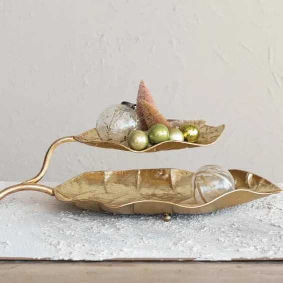 Decorative Metal 2-Tier Leaf Shaped Tray, Gold Finish