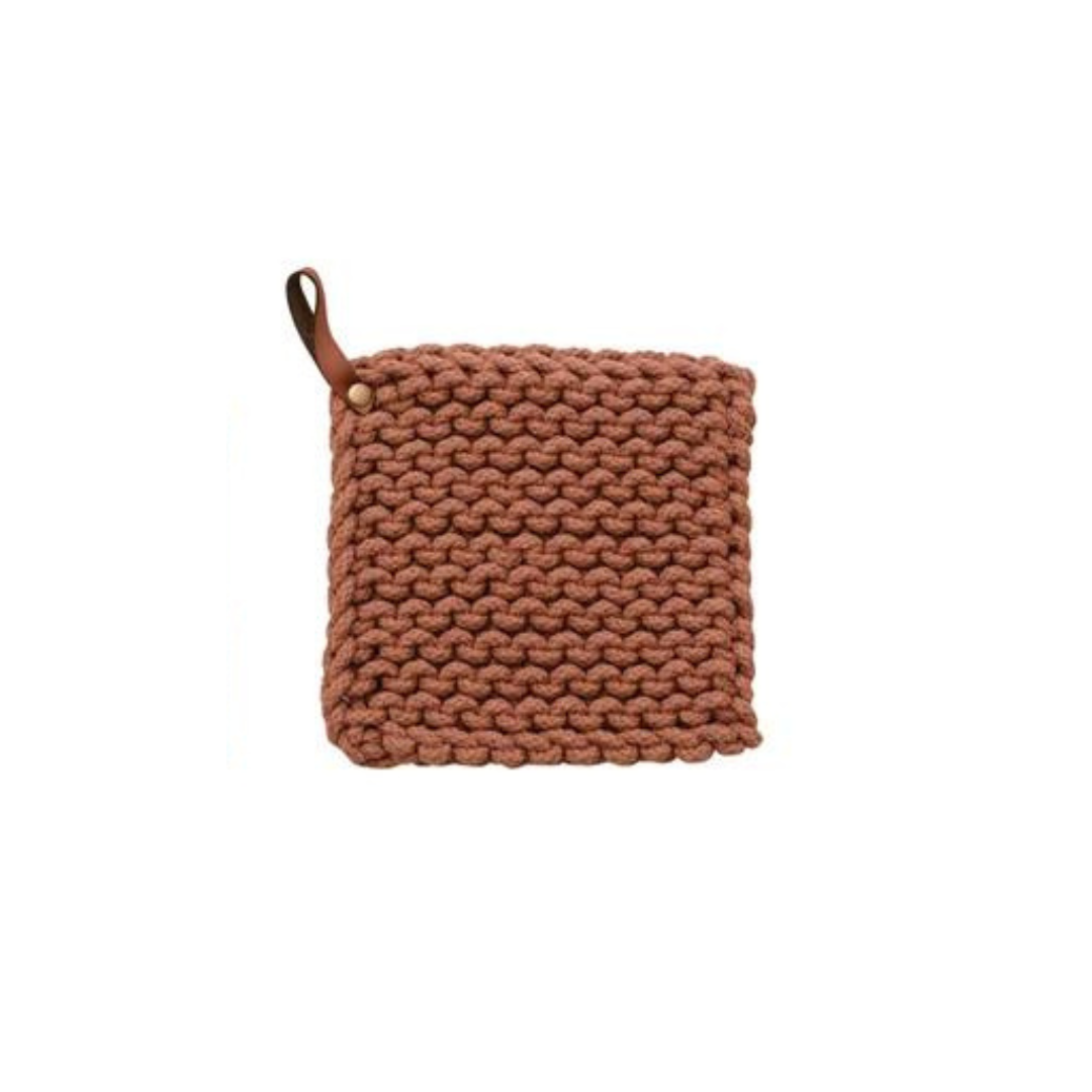 Cotton Crocheted Pot Holder w/ Leather Loop