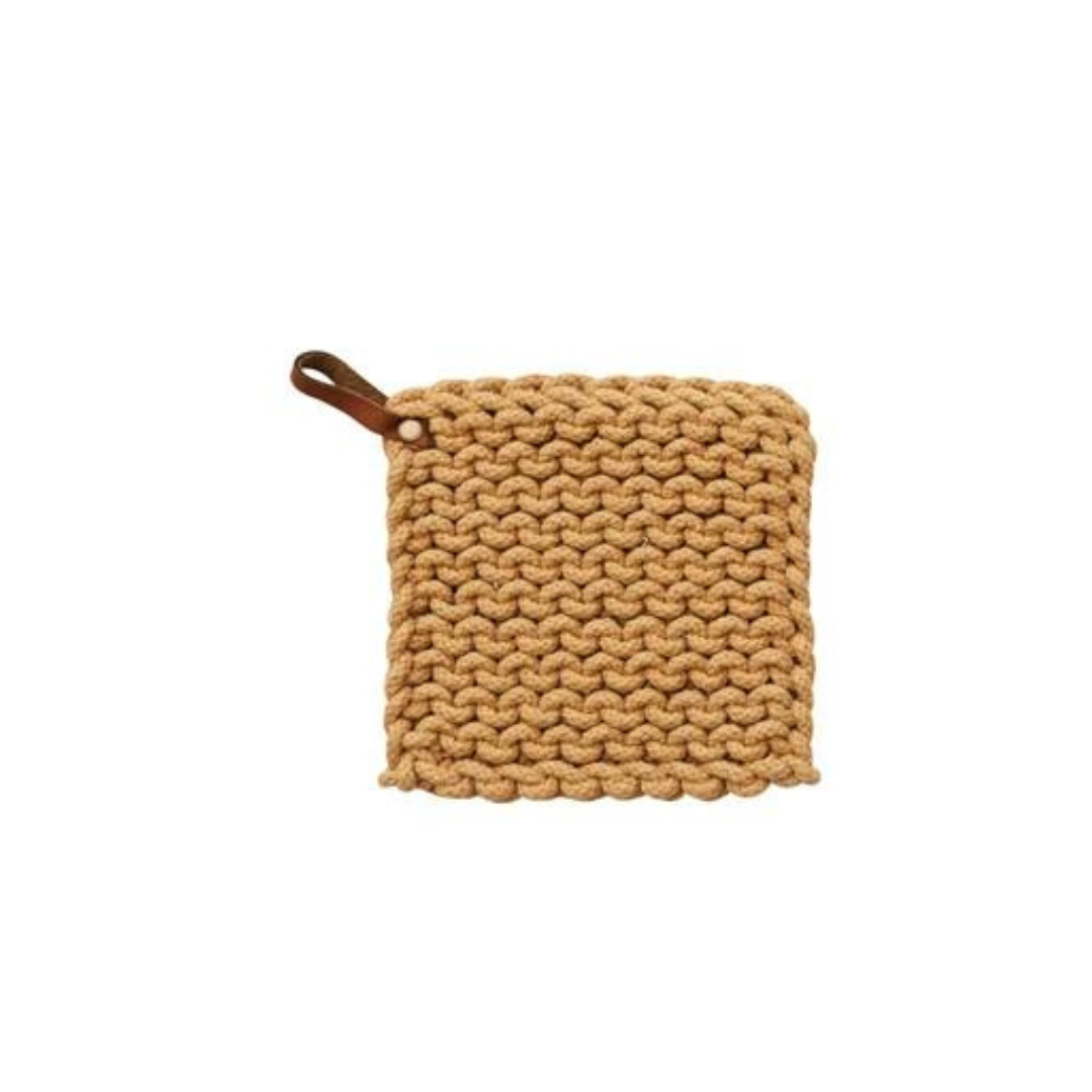 Cotton Crocheted Pot Holder w/ Leather Loop