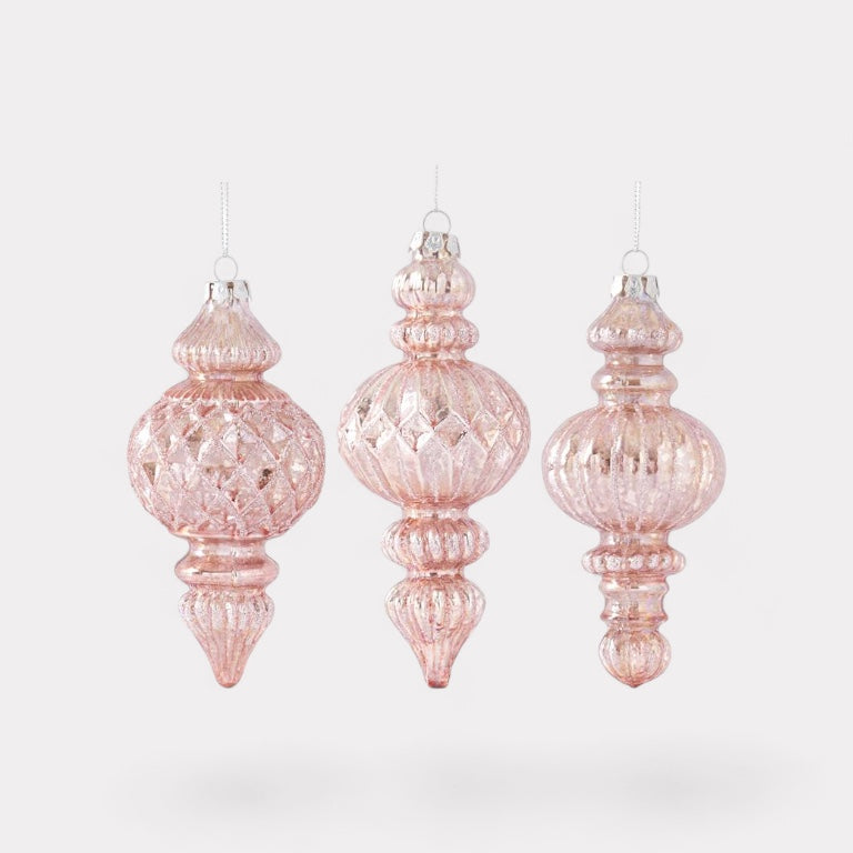 Set of 3 Glittered Pink Mercury Glass Finial Ornaments