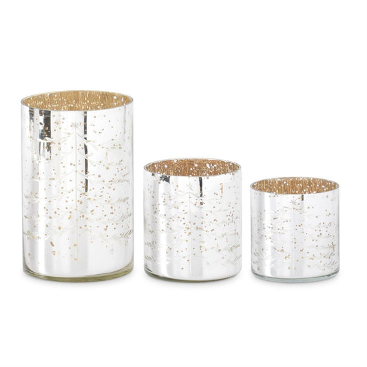 Set Of 3 Silver Mercury Glass Candleholders W/Christmas Tree