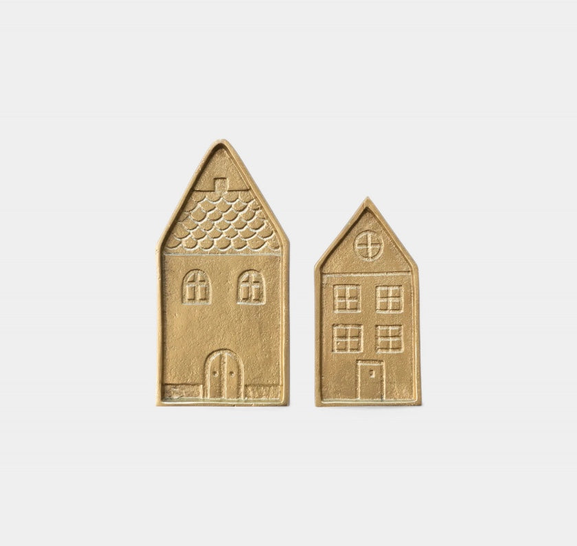 Debossed Cast Aluminum House Shaped Trays, Gold Finish, Set of 2