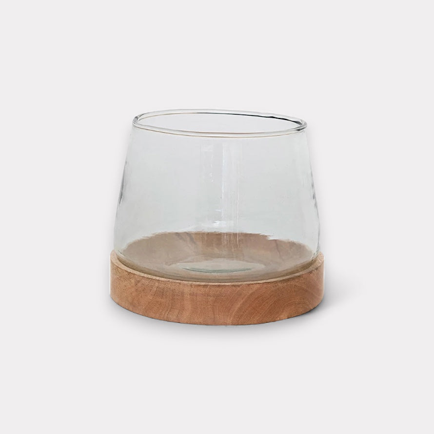 Mango Wood Base Glass Hurricane Vase