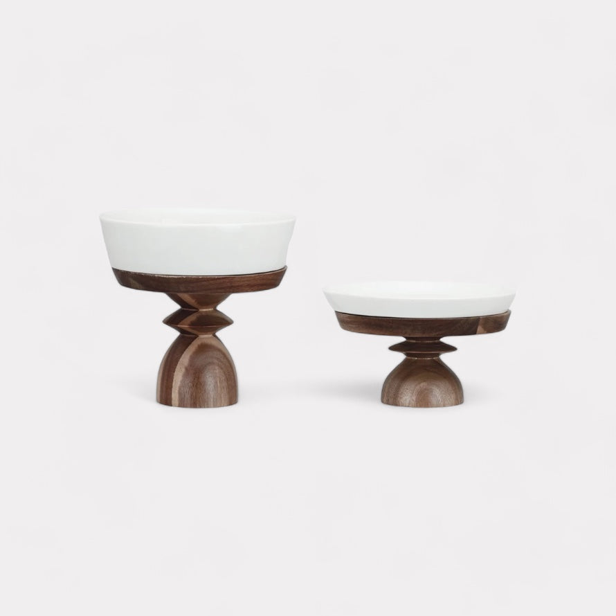 Stoneware Serving Dishes with Acacia Wood Pedestals