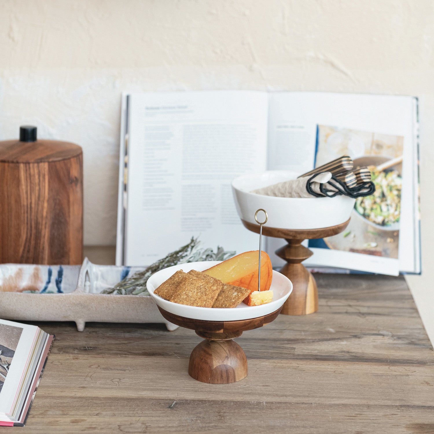 Stoneware Serving Dishes with Acacia Wood Pedestals