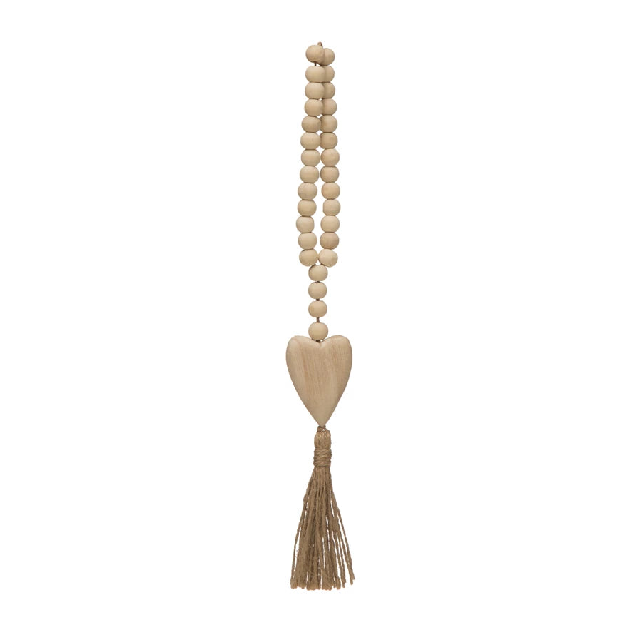 Wood Beads With Heart Icon & Jute Tassel