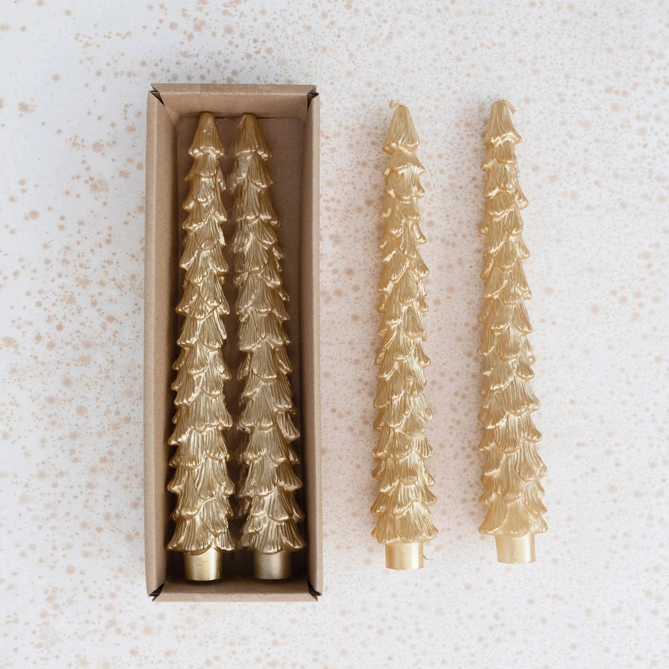 Unscented Tree Shaped Taper Candles in Box – Gold Color, Set of 2