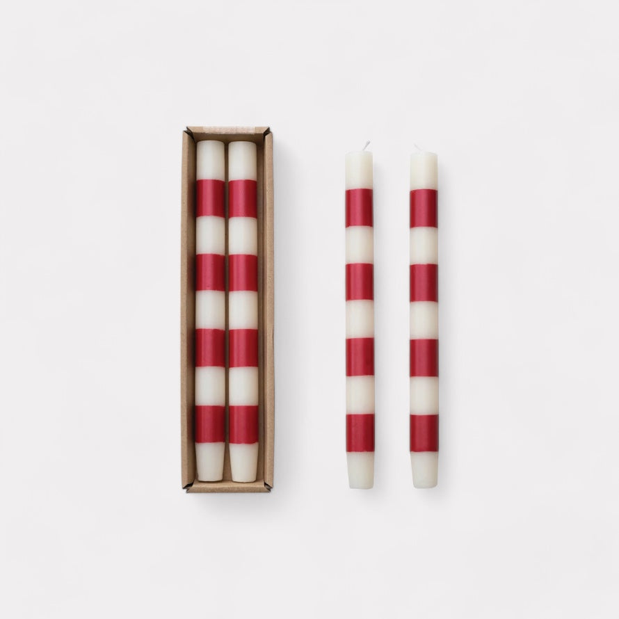 10"H Unscented Taper Candles with Stripes, Cream & Red, Set of 2